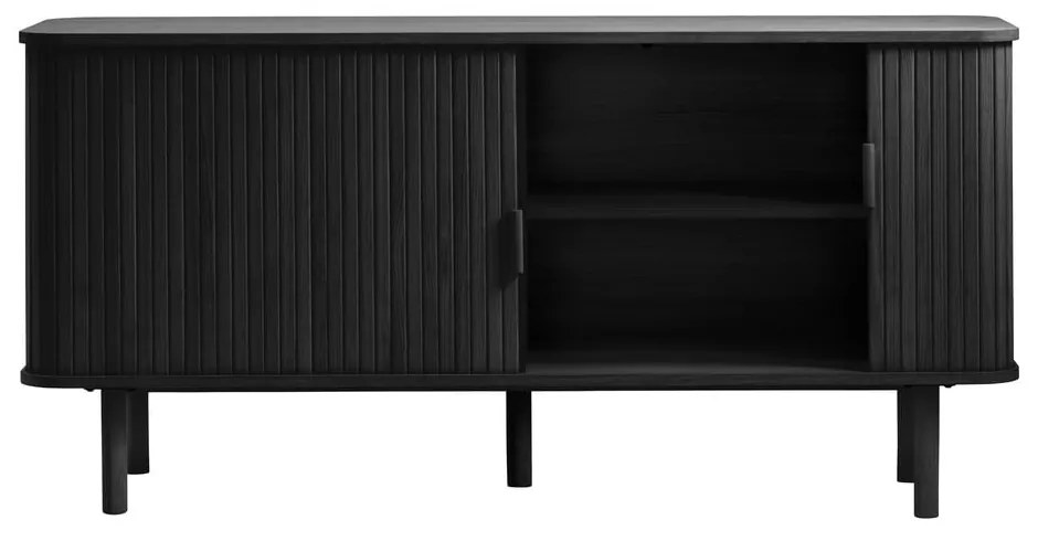 Comodă neagră joasă cu aspect de lemn de stejar cu ușă glisantă 76x160 cm Cavo – Unique Furniture