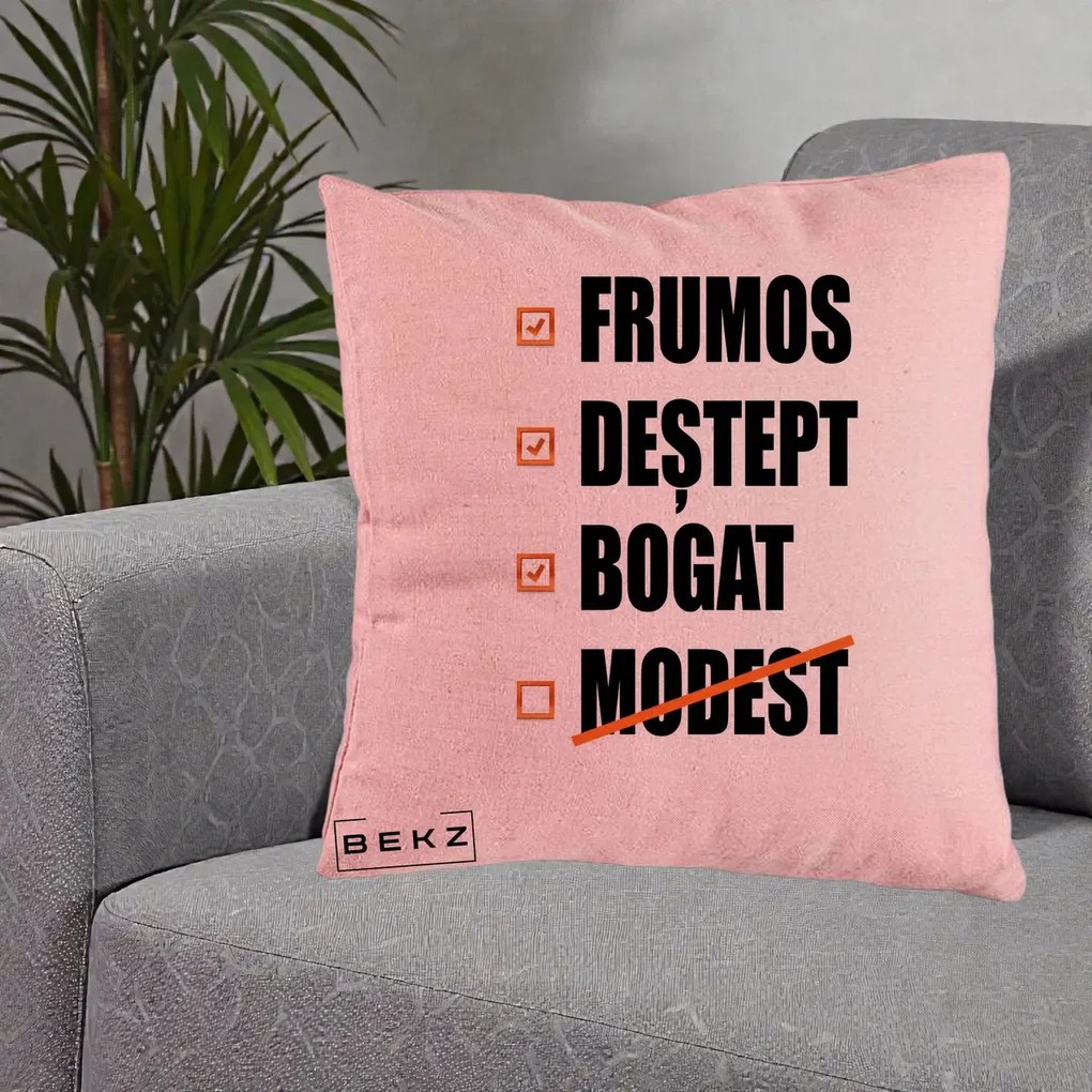 Perna Decorativa Frumos Destept Bogat, 40x40 cm, Roz, Husa Detasabila, Perna Inclusa, BEKZ®
