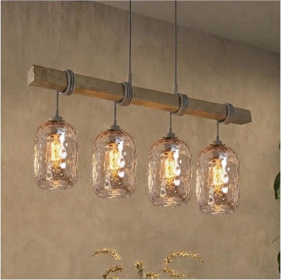 Brilagi - Lustra suspendată pe cablu WOOD GLASS 4xE27/60W/230V pin/gri/maro fumuriu