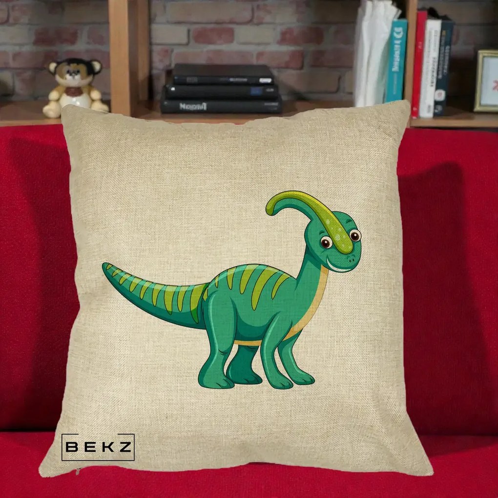 Perna Decorativa Parasaur Verde, 40x40 cm, Crem, Husa Detasabila, Perna Inclusa, BEKZ®