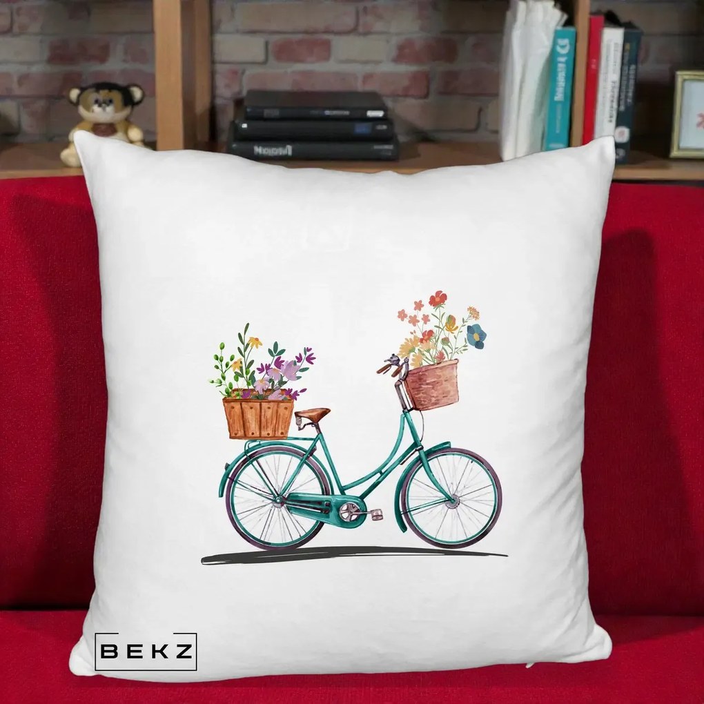 Perna Decorativa Bicicleta Florala Turcoaz Acuarela, 40x40 cm, Alb Pufos, Husa Detasabila, Perna Inclusa, BEKZ®