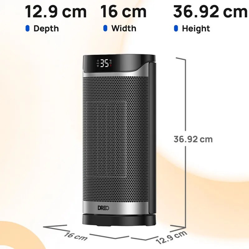 Incalzitor cu ventilator DREO Solaris 619, 2000 W, 20 m², PTC, 5 moduri de functionare, 8 niveluri de protectie, Timer, Telecomanda, Rotire la 70°, 5–35 °C, Negru/gri
