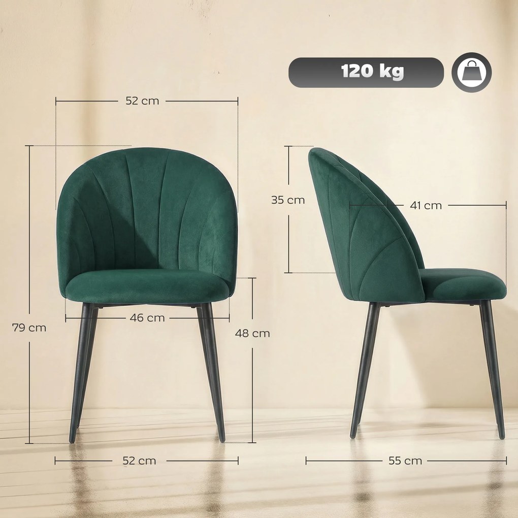 HOMCOM Set de 2 Scaune de Sufragerie din Catifea, Scaune Bucătărie cu Spătar Curbat în Formă de Scoică, Picioare din Metal, Stil Nordic, Scaun Tapițat pentru Bucătărie, Dormitor, Cameră de Zi, Verde Închis | Aosom Romania
