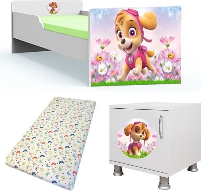 Pat tineret Paw patrol roz cu saltea si noptiera