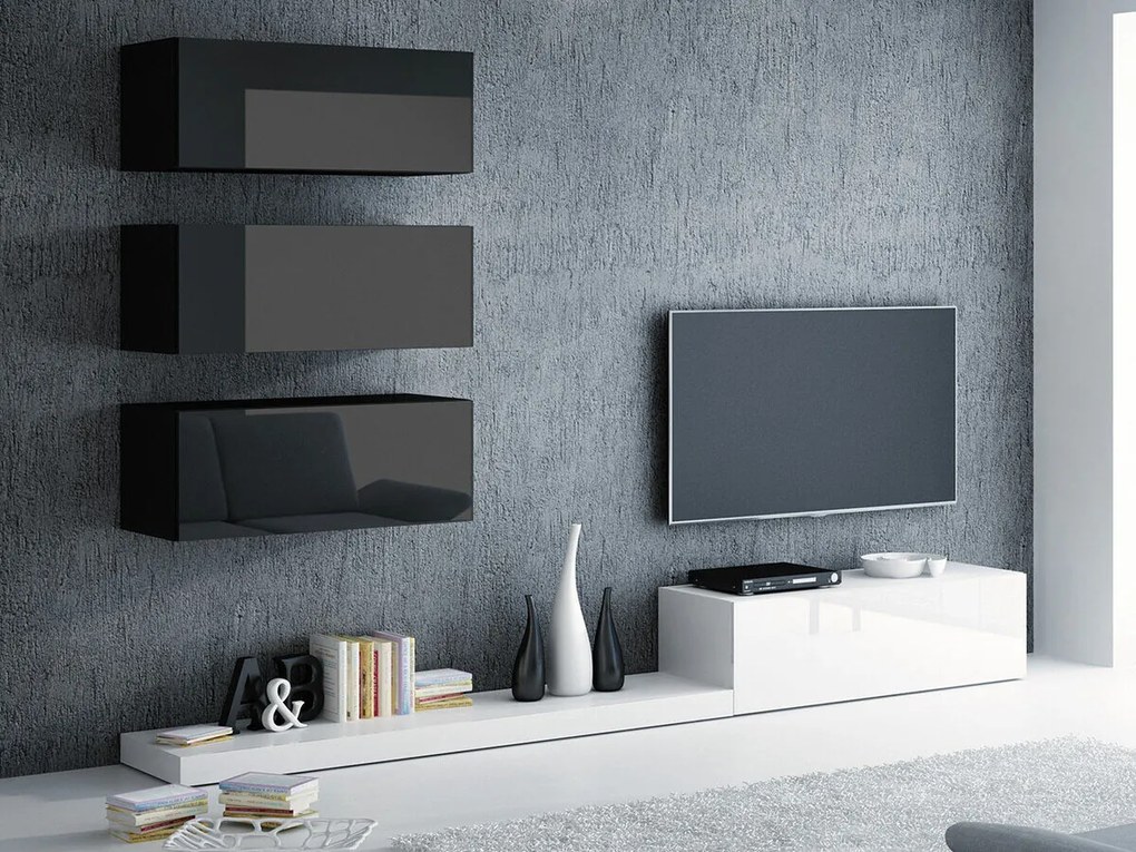 Camera de zi Charlotte 111Alb, Alb lucios, Negru, Negru lucios, Cu comodă tv, Părți separate, PAL laminat, 300x42cm, 83 kg