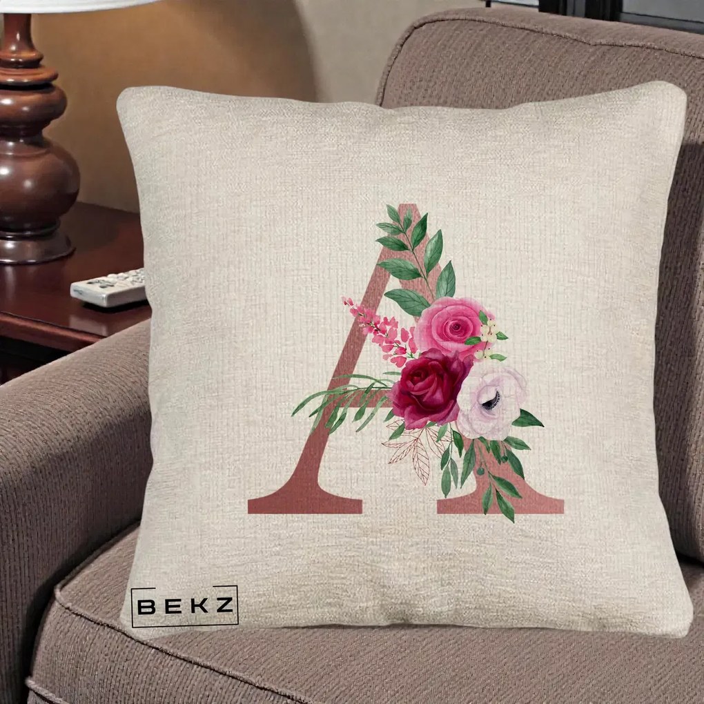 Cadou Personalizat - Perna Personalizata Monograma Rose Gold Litera A, 40x40 cm, Bej Canapea, Husa Detasabila, Perna Inclusa, BEKZ®