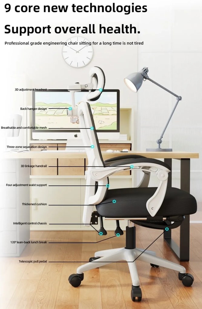 Scaun ergonomic cu suport lombar 4D, tetieră reglabilă 4D, pivotant 360°, suport pentru picioare, Alb/Negru