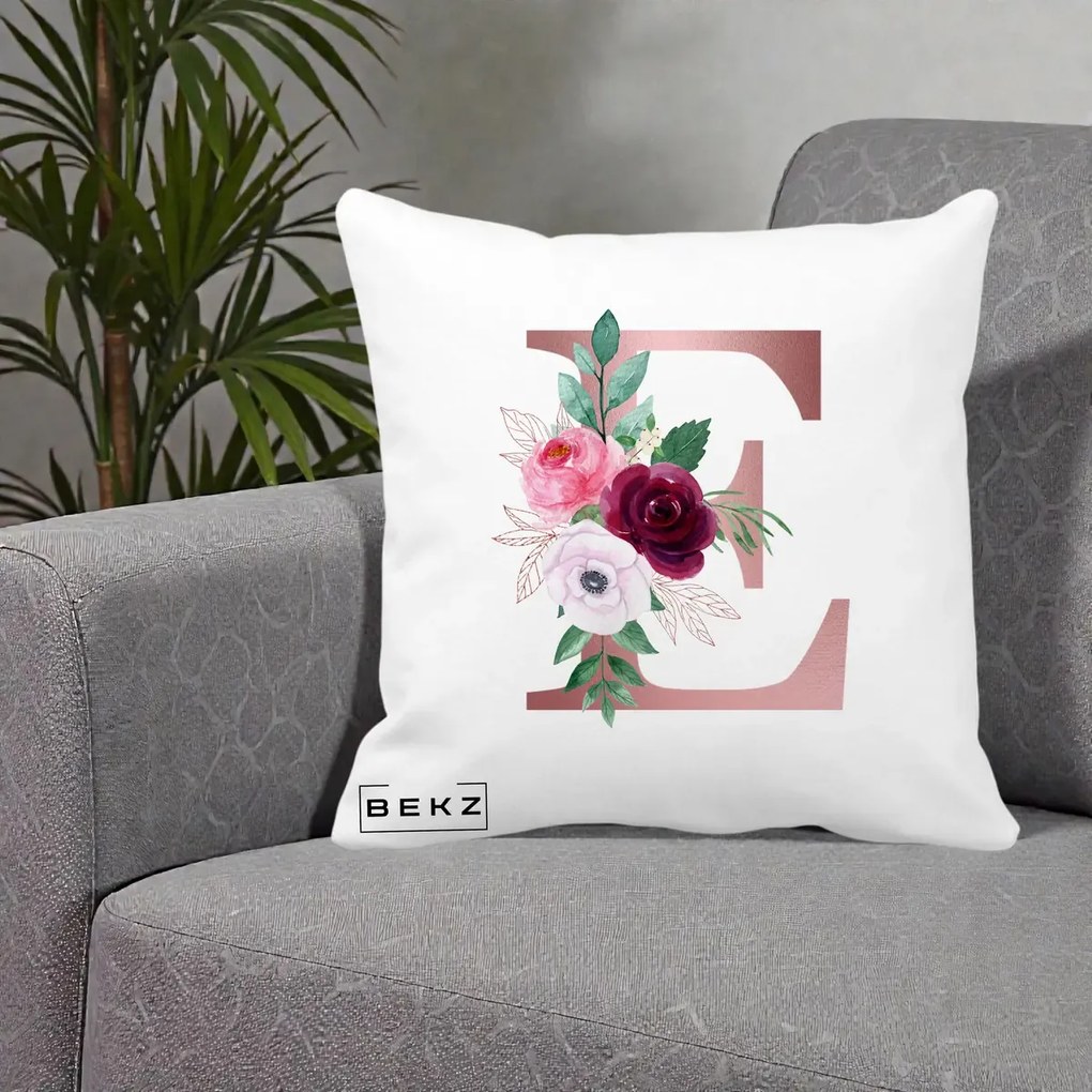 Cadou Personalizat - Perna Personalizata Monograma Rose Gold Litera E, 40x40 cm, Alba Mata, Husa Detasabila, Perna Inclusa, BEKZ®