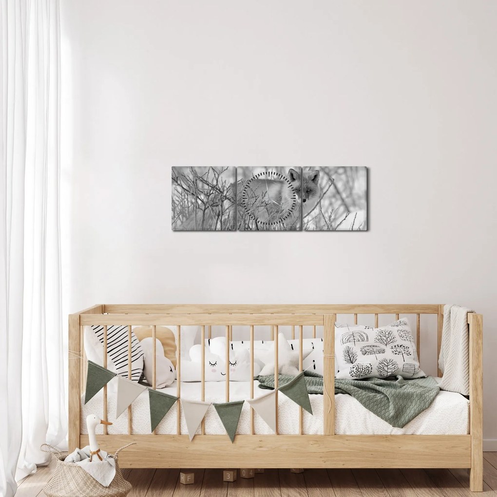 Tablou - Vulpe,alb-negru (cu ceas) (90x30 cm)