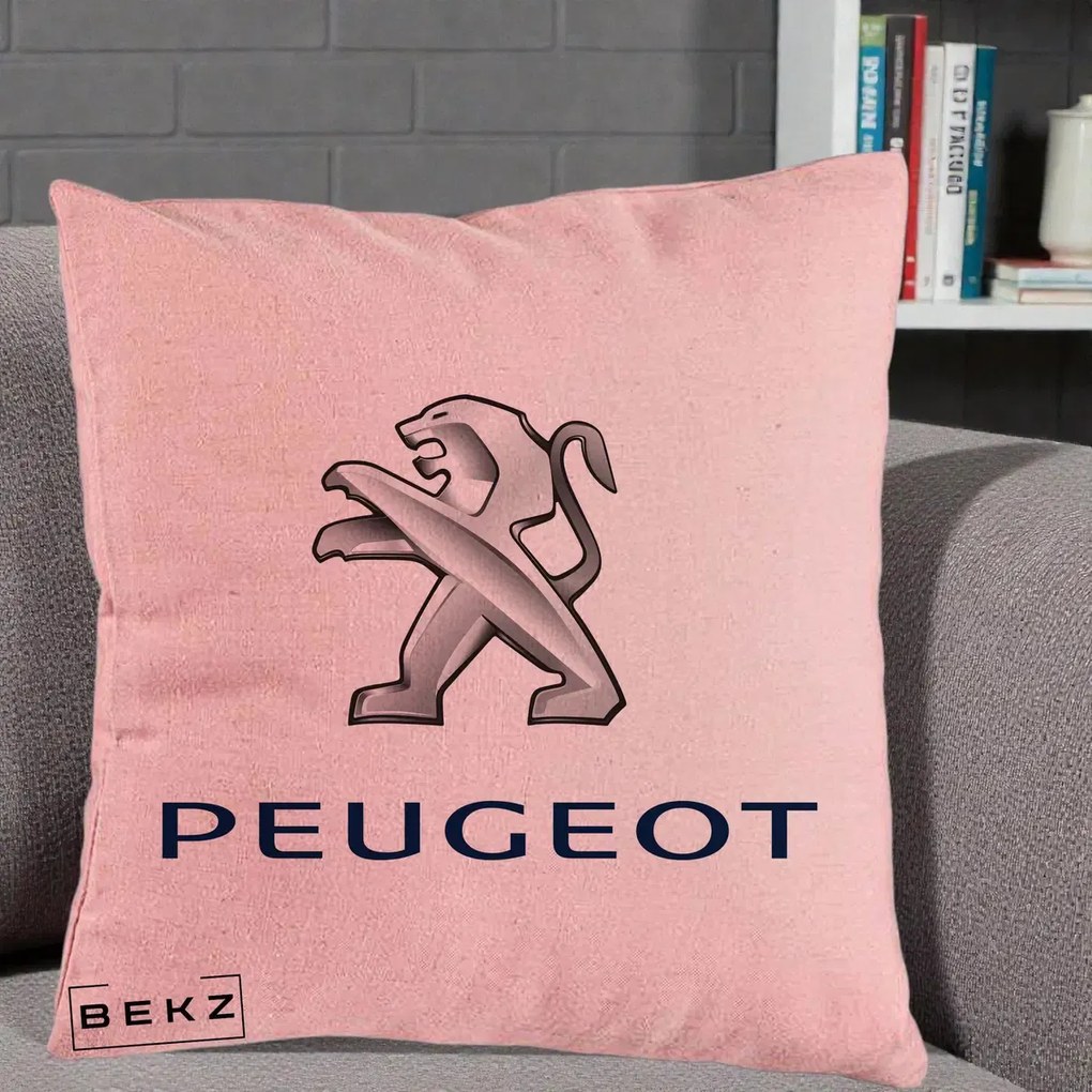 Perna Personalizata cu emblema Peugeot, 40x40 cm, Roz, Husa Detasabila, Perna Inclusa, BEKZ®