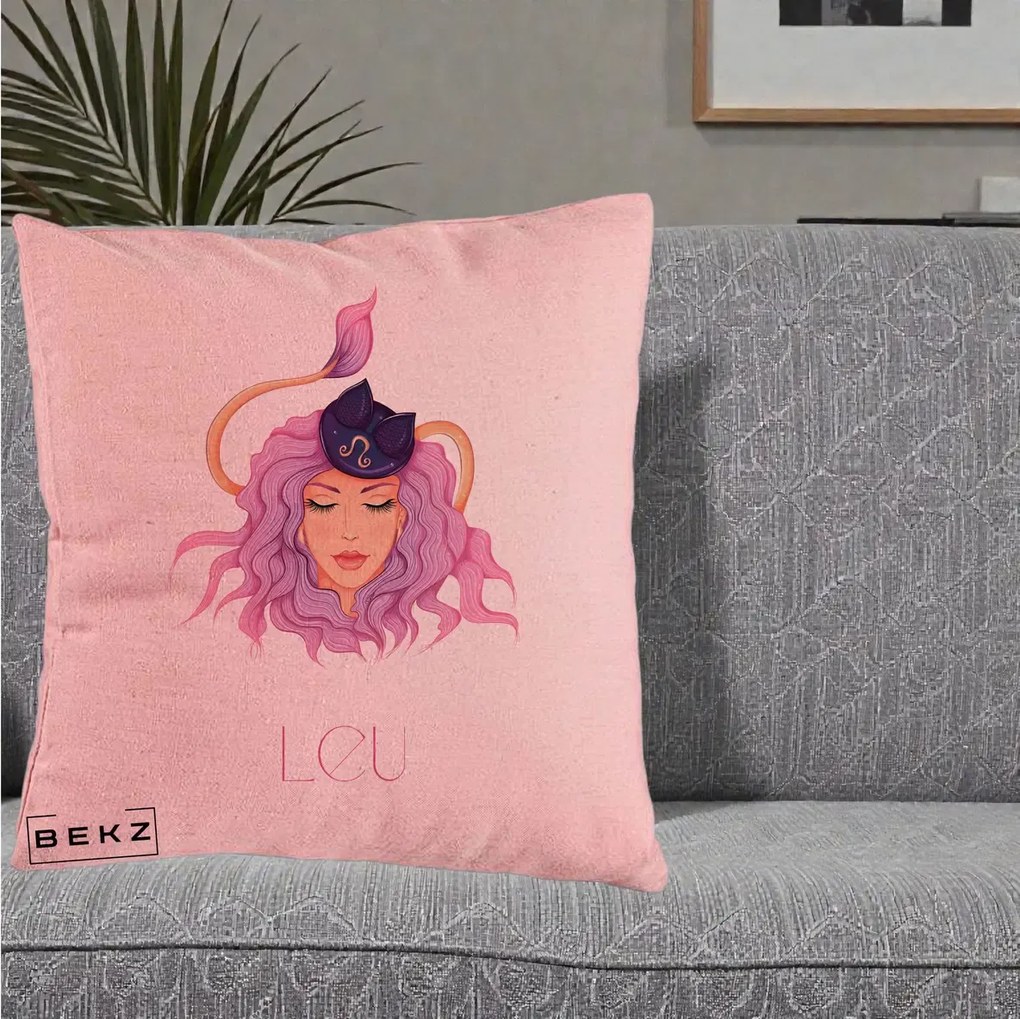 Perna Personalizata Zodie Leu, 40x40 cm, Roz, Husa Detasabila, Perna Inclusa, BEKZ®