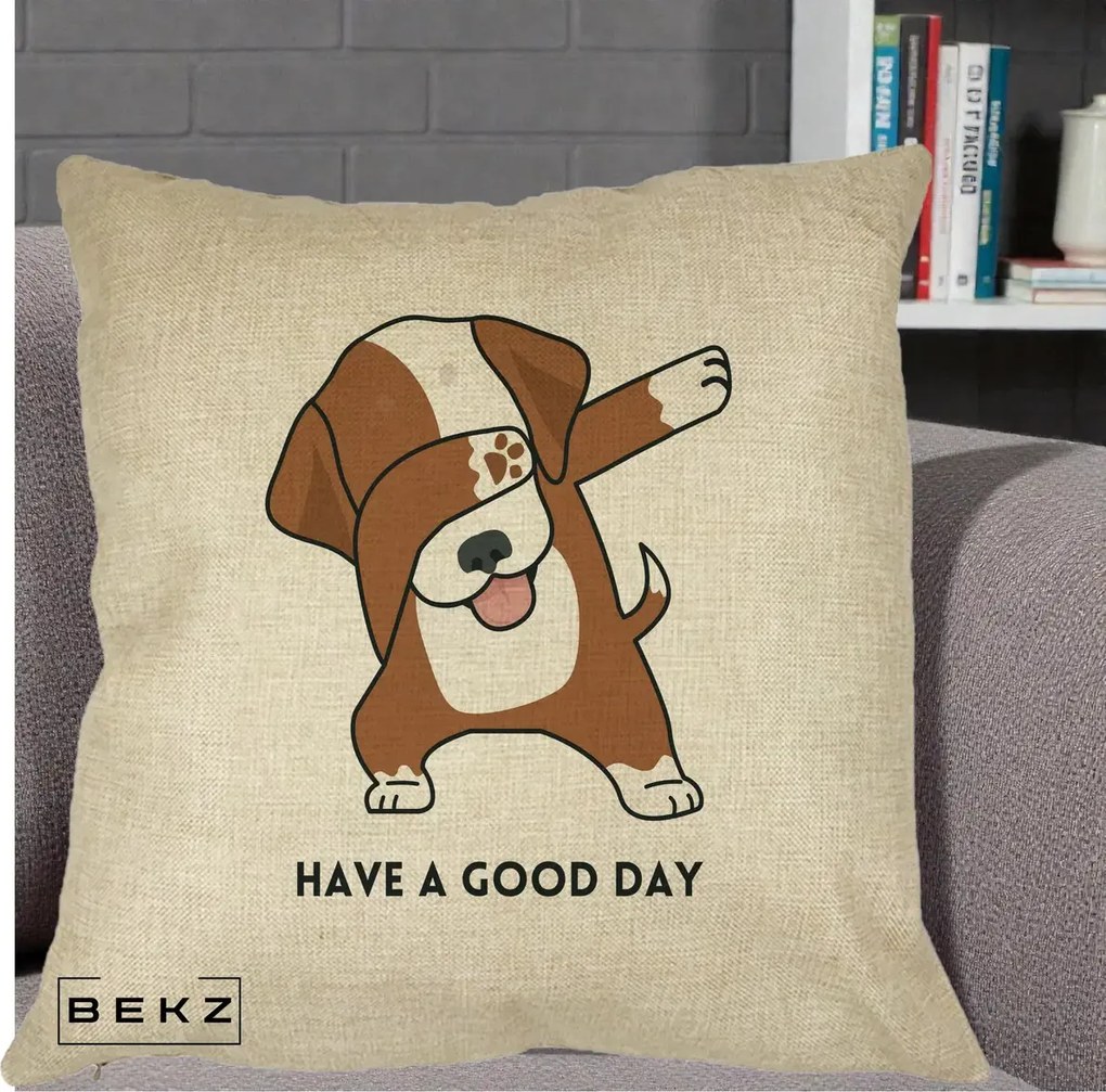 Perna Decorativa Caine Dab Have A Good Day, 40x40 cm, Crem, Husa Detasabila, Perna Inclusa, BEKZ®