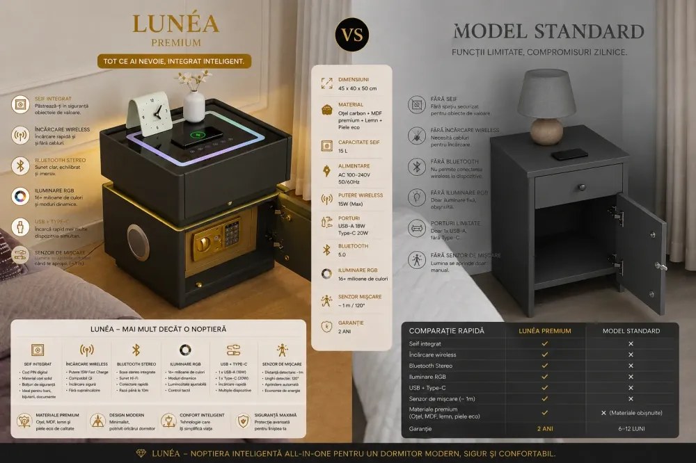 LUNÉA — Noptieră inteligentă cu seif integrat, încărcare wireless, Bluetooth Stereo, iluminare RGB, USB + Type-C și senzor de mișcare, Negru