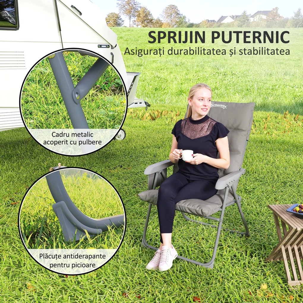 Outsunny Scaun de Camping Pliabil cu Spătar Înalt Reglabil în 5 Poziții și Buzunare Laterale, 66x58x105 cm, Gri Deschis | Aosom Romania