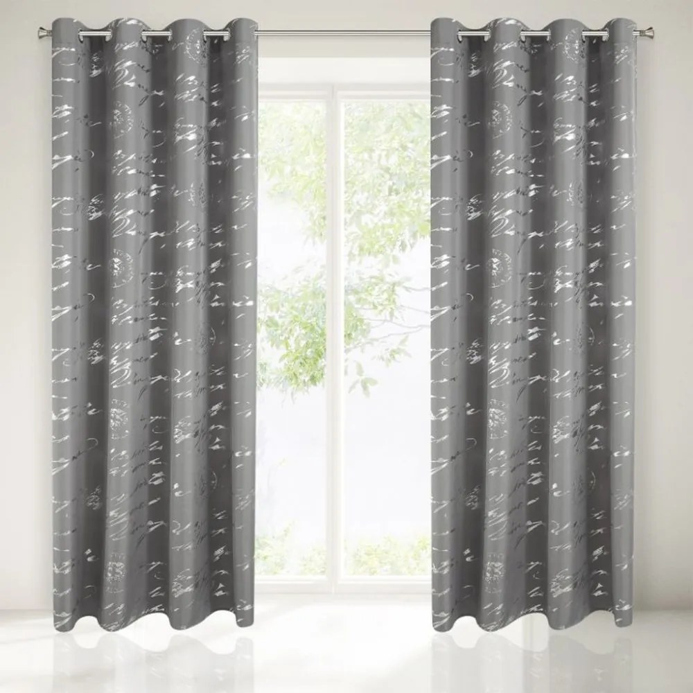 Draperie gri unică pe cercuri, cu inscripții 140 x 250 cm