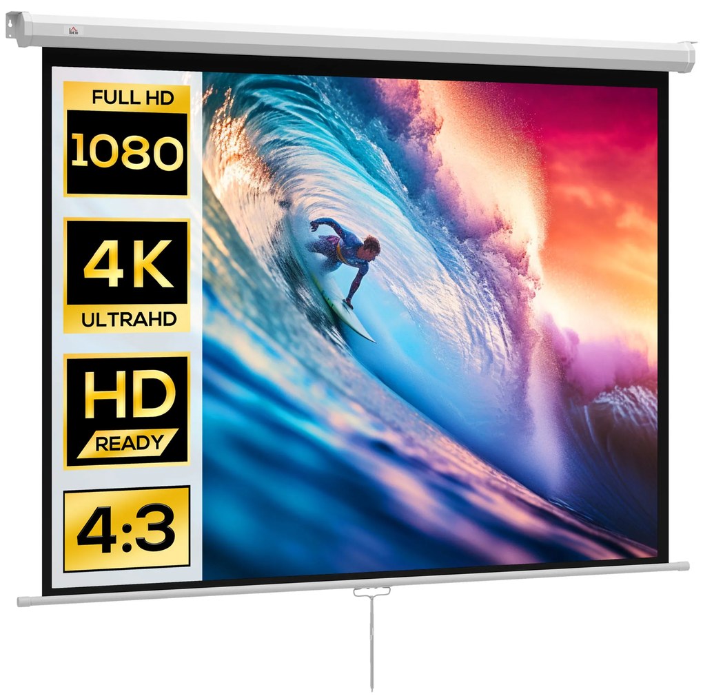 HOMCOM Ecran de Proiecție 84 Inch Format 4:3, Ecran Rulabil cu Unghi de 160° și Montare pe Tavan sau Perete, 181x8x138 cm, Alb | Aosom Romania