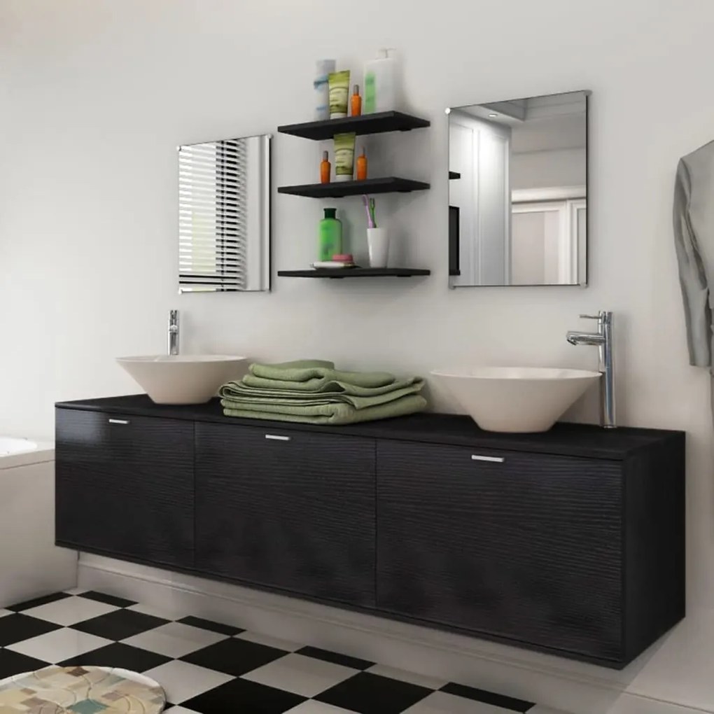 273691 vidaXL Set mobilier baie 10 piese cu chiuvete și robinete incluse, Negru