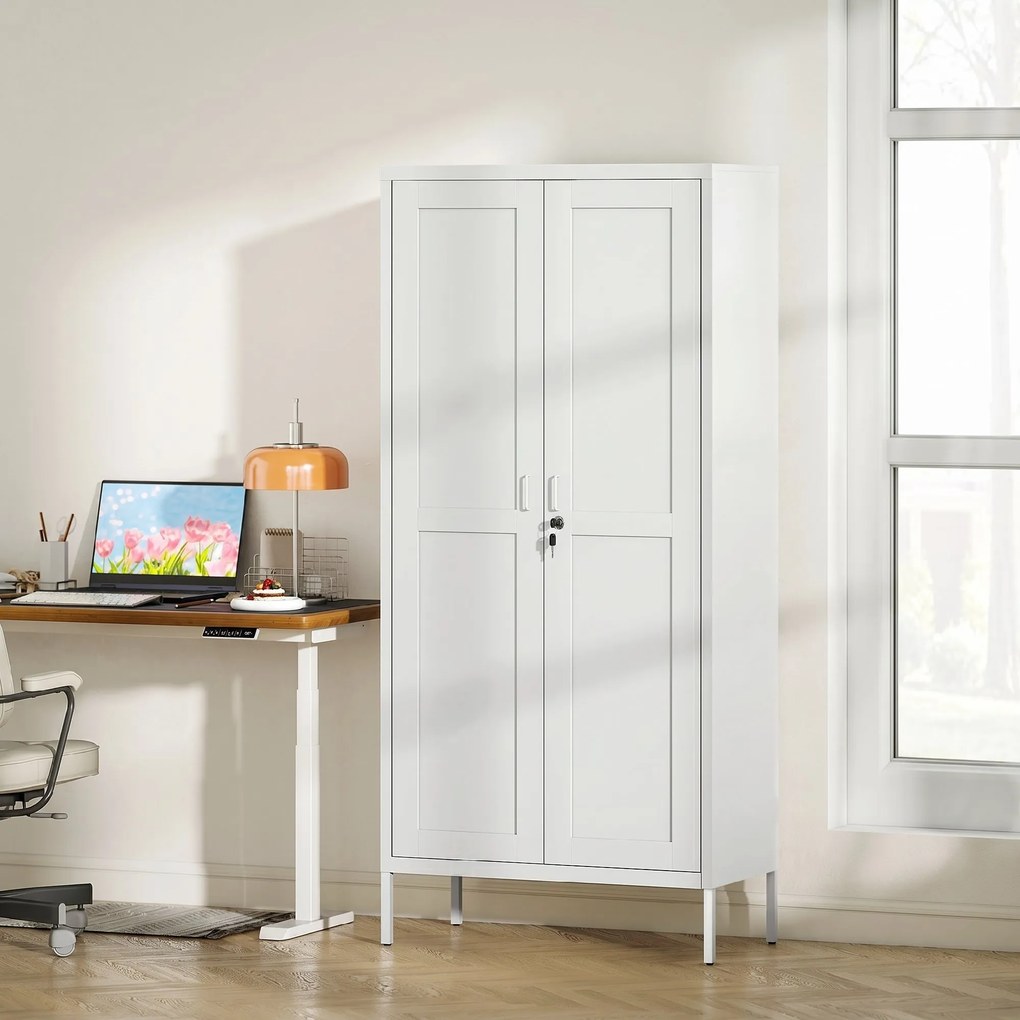 HOMCOM Dulap pentru Birou în Oțel cu 3 Rafturi Reglabile cu Serratură și 2 Chei, 80x40x175 cm, Alb | Aosom Romania