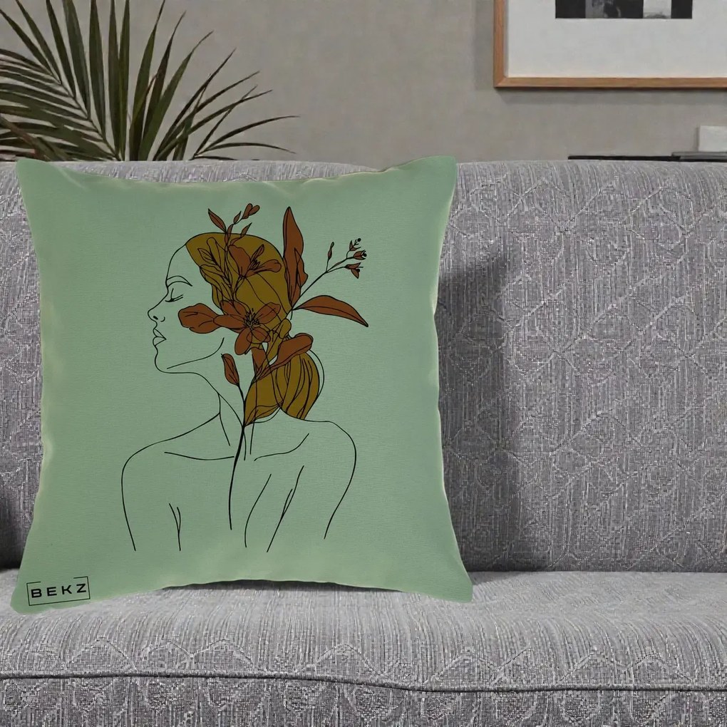 Perna Decorativa Portret Feminin Crin Ruginiu Auriu, 40x40 cm, Verde, Husa Detasabila, Perna Inclusa, BEKZ®