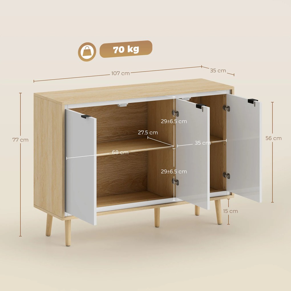 HOMCOM Bufet Modern cu 3 Uși și Raft Reglabil 107x35x77cm Alb și Stejar | Aosom Romania