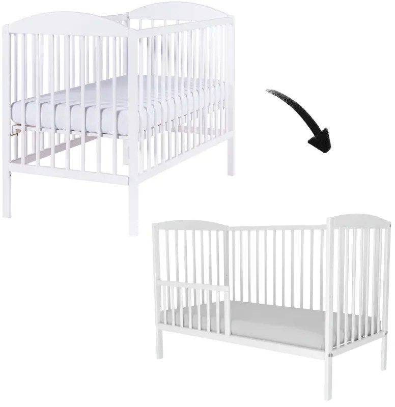 Patut din lemn masiv cu bariera 120x60 cm Kidizi Orella alb,reglabil pe 3 nivele, certificat EN71