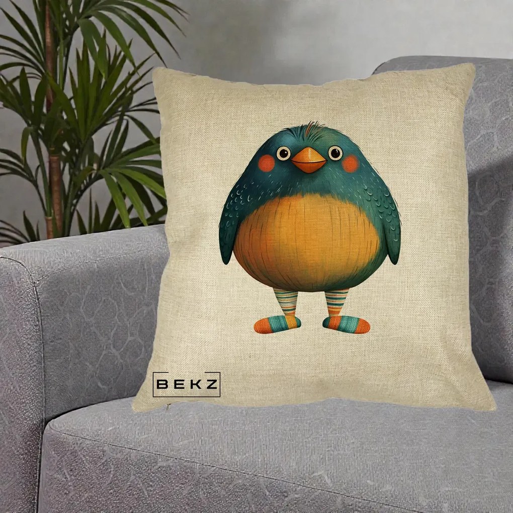 Perna Decorativa Pasare Teal cu Sosete Dunghi, 40x40 cm, Crem, Husa Detasabila, Perna Inclusa, BEKZ®