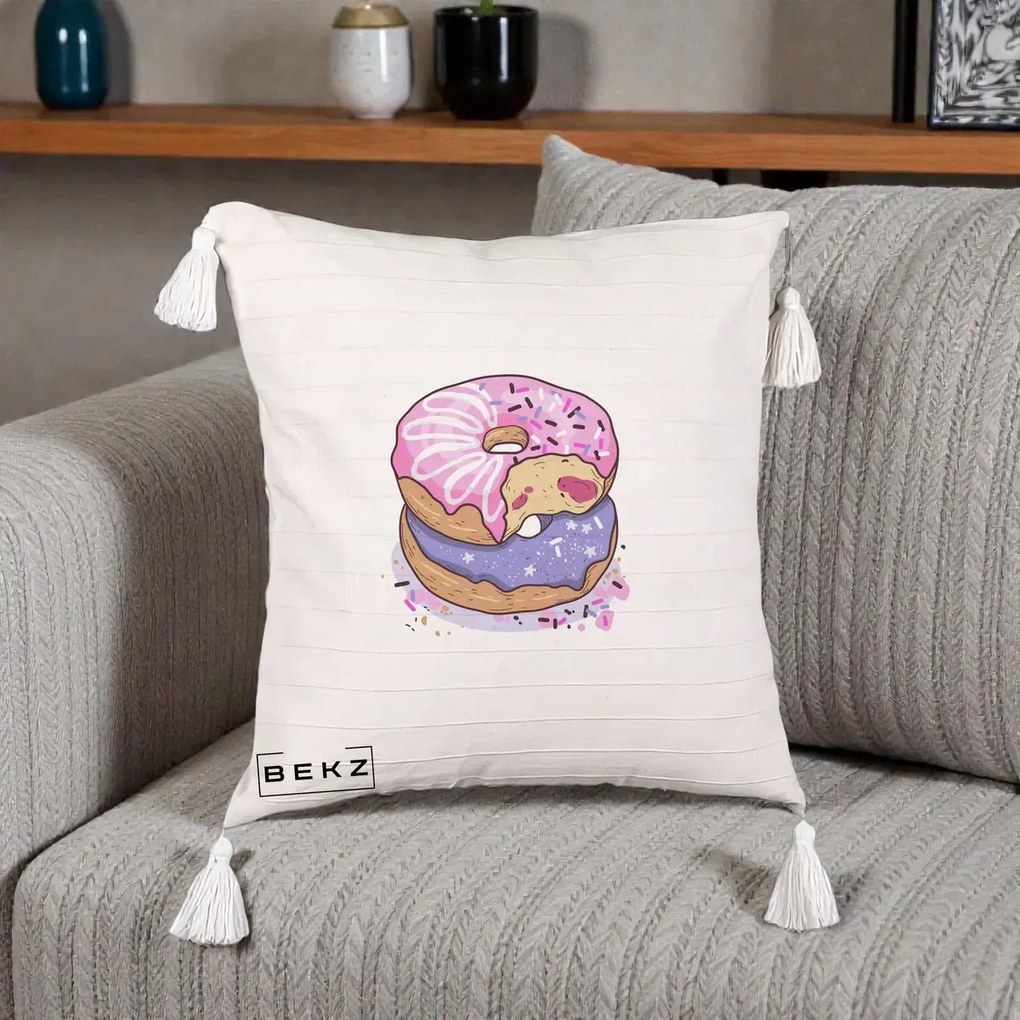 Perna Decorativa Donuts Roz si Mov, 40x40 cm, Bej cu Franjuri, Husa Detasabila, Perna Inclusa, BEKZ®