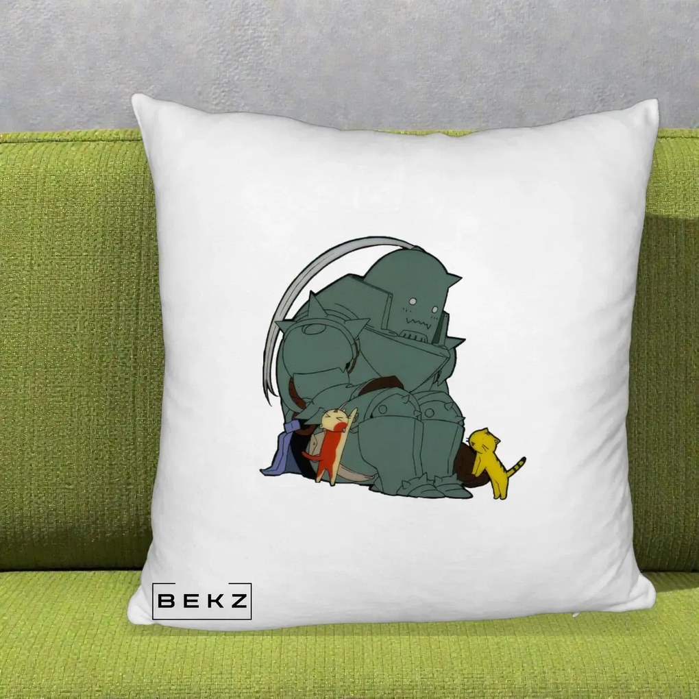 Perna Personalizata Fullmetal Alchemist Alphonse cu Pisici, 40x40 cm, Alb Pufos, Husa Detasabila, Perna Inclusa, BEKZ®