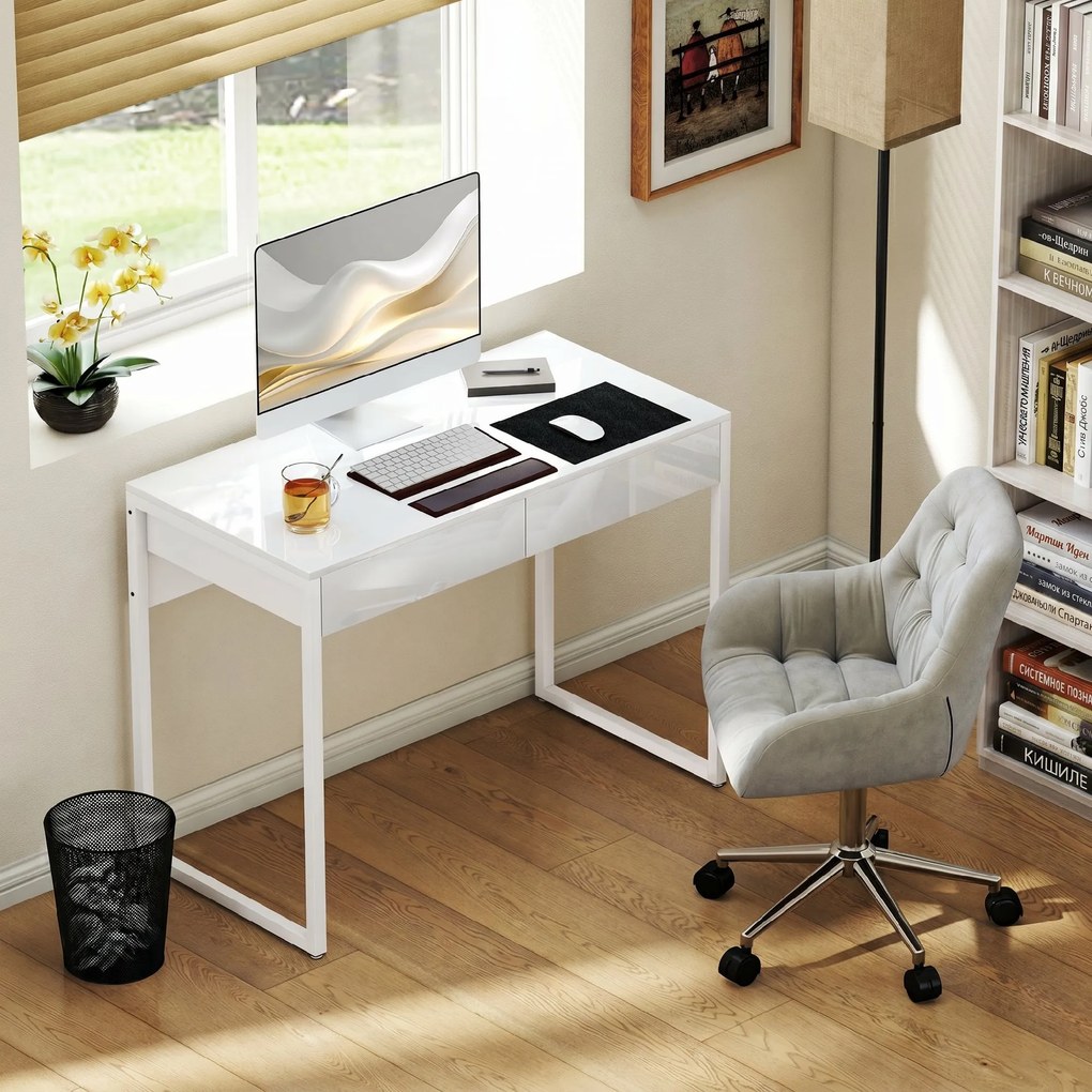 HOMCOM Birou Modern cu 2 Sertare și Picioare din Oțel, 100x50x75 cm, Alb Lucios | Aosom Romania