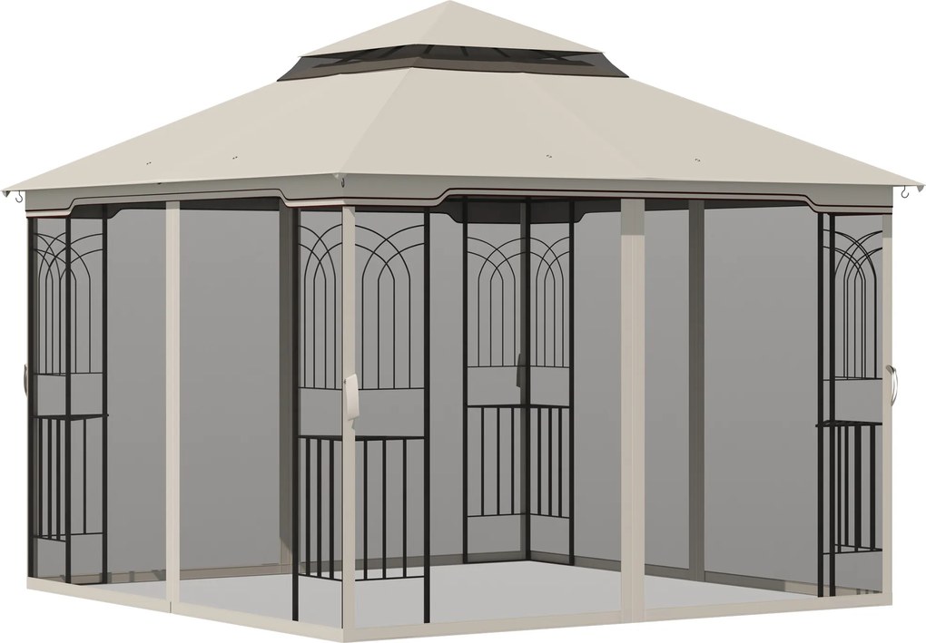 Outsunny Pavilion de grădină cu acoperiș dublu, cort pentru petreceri, cu 4 x pereți laterali, Metal+Poliester, Bej, 2,99 x 2,99 x 2,74 m | Aosom Romania