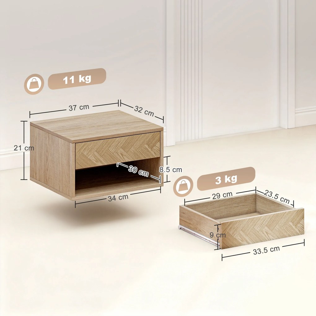 HOMCOM Set de 2 Noptiere Suspendate cu Sertar și Compartiment 37x32x21 cm Lemn Natural | Aosom Romania