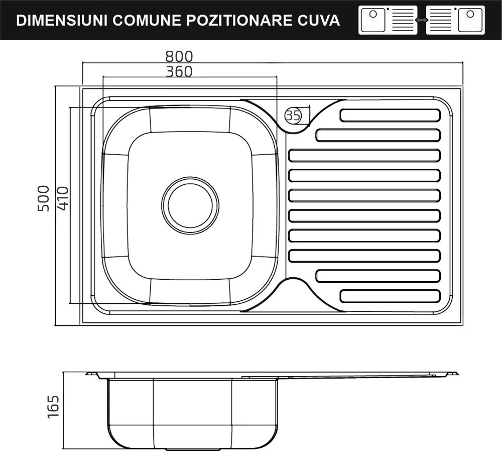 Chiuveta Sanobi, 1 Cuva stanga, Inox texturat, pe masca, 80 x 50 cm