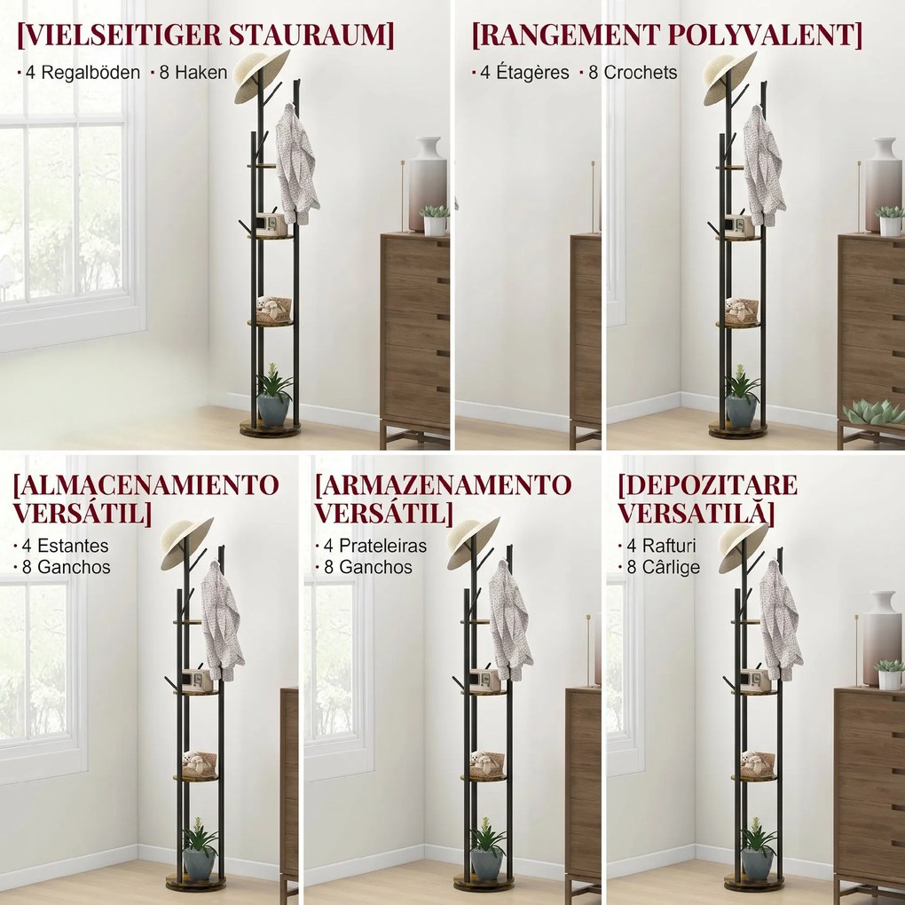 HOMCOM Suport Haine, Rotativ, cu 4 Rafturi și 8 Cârlige, stander haine pentru Hol, Dormitor, Living, 30x30x175 cm, Maro Rustic | Aosom Romania