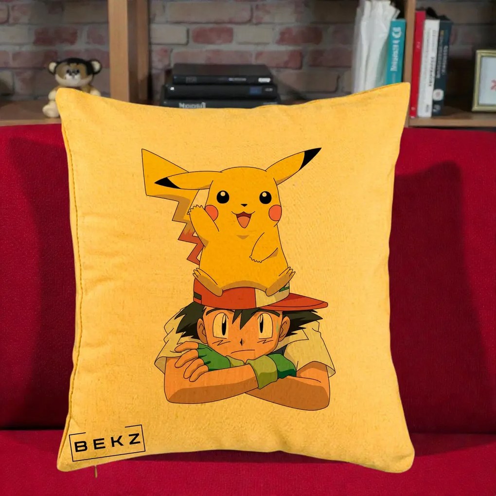 Perna Personalizata Ash si Pikachu, 40x40 cm, Galben, Husa Detasabila, Perna Inclusa, BEKZ®