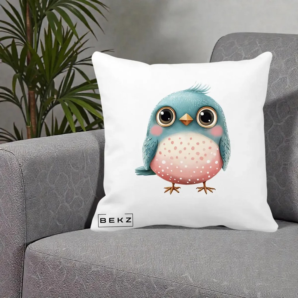 Perna Decorativa Pasare Teal-Roz cu Pete, 40x40 cm, Alba Mata, Husa Detasabila, Perna Inclusa, BEKZ®