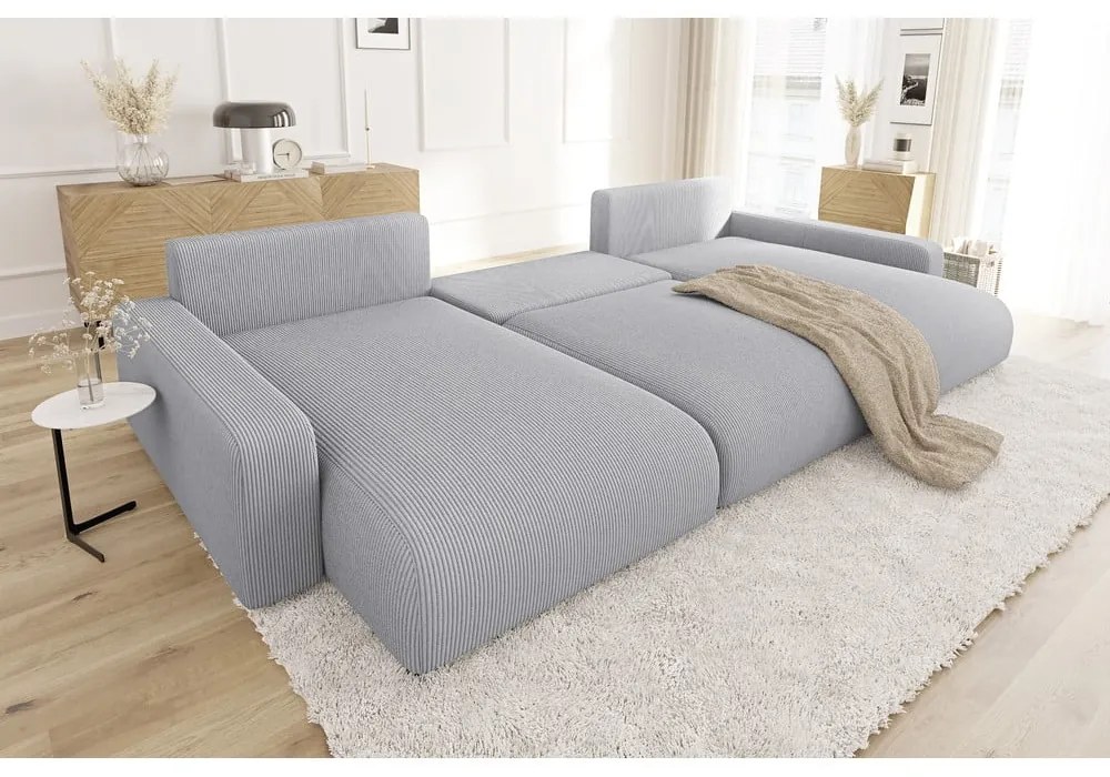 Colțar gri deschis extensibil, cu spațiu de depozitare, cu tapițerie din catifea reiată Sara – Ropez