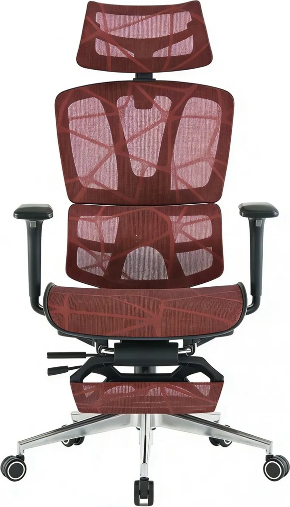 Scaun ergonomic, Sezut translatie, Cotiere 3D, Tetiera 3D, Suport lombar adaptiv, Pivotant, Suport picioare, Rosu