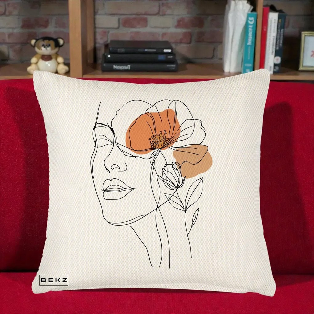 Perna Decorativa Portret Feminin Mac Profilat, 40x40 cm, Crem Reliefat, Husa Detasabila, Perna Inclusa, BEKZ®