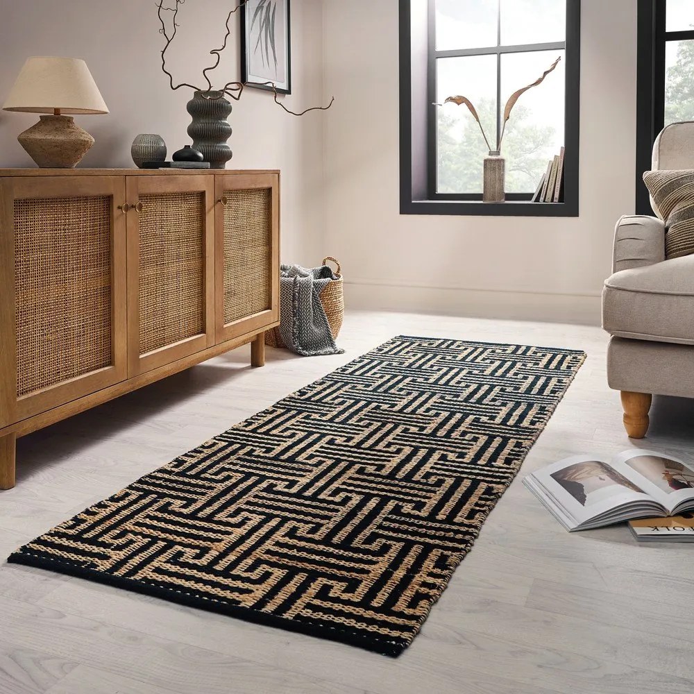 Covor tip traversă negru-în culoare naturală țesut manual din amestec de iută 80x230 cm Meander Jute – Flair Rugs