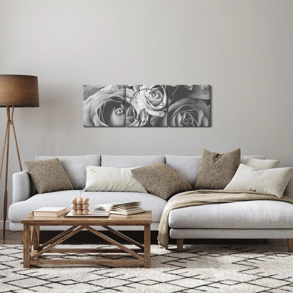 Tablou - Trandafir,alb-negru (cu ceas) (90x30 cm)