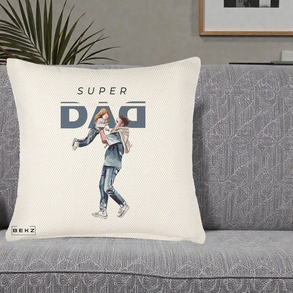 Cadou pentru Tata - Perna Personalizata Super DAD Tata si Fiica, 40x40 cm, Crem Reliefat, Husa Detasabila, Perna Inclusa, BEKZ®