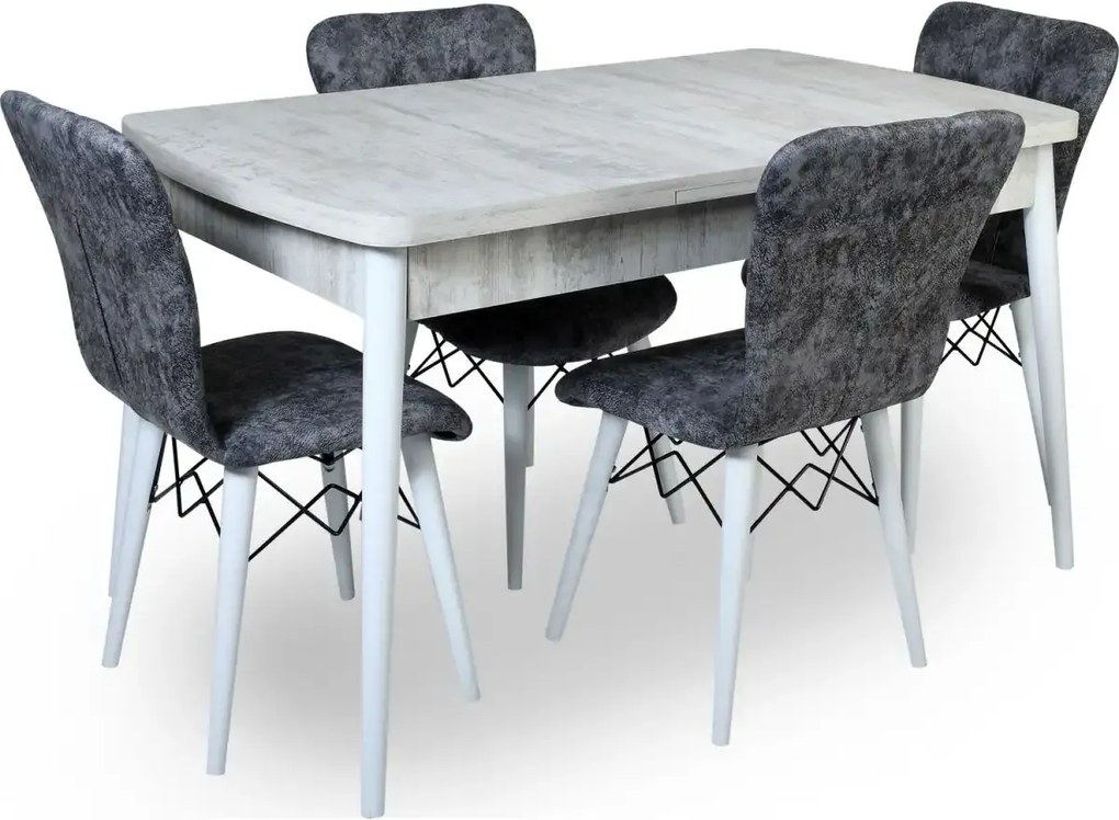 Set masa extensibila cu 6 scaune tapitate Homs cristal  bej-gri-picior-alb-170 x 80 cm