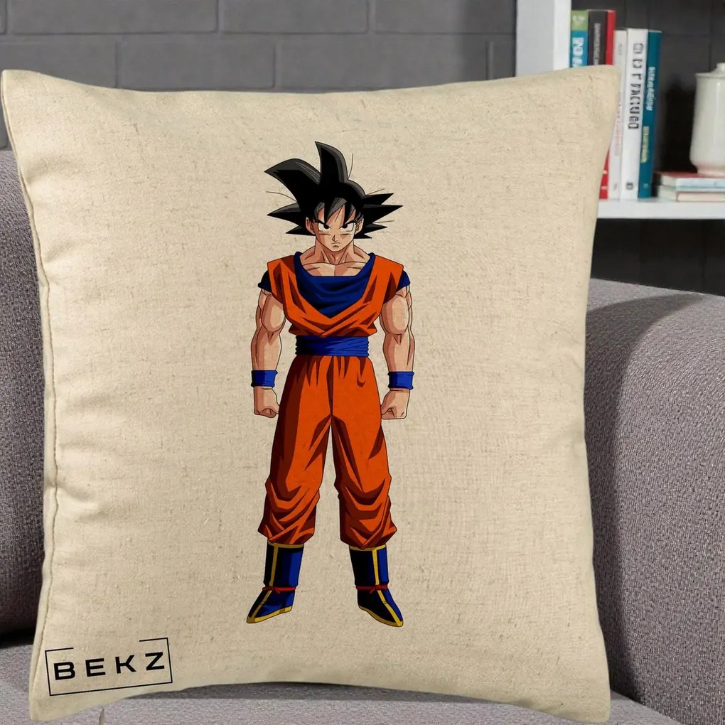 Perna Personalizata Dragon Ball Goku Complet in Gi Portocaliu, 40x40 cm, Bej, Husa Detasabila, Perna Inclusa, BEKZ®