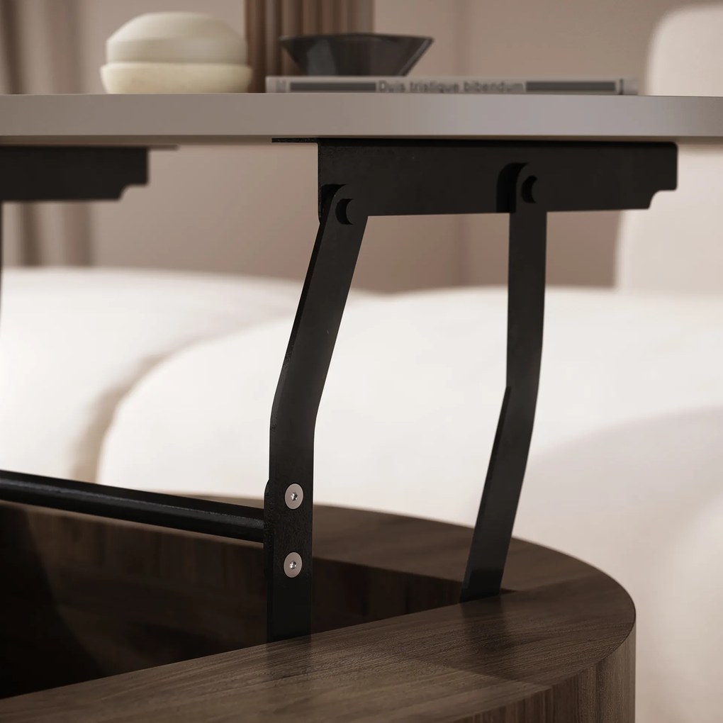 Mazzoni FRIDA Bej Taupe / Nuc Elegant – MĂSUȚĂ DE CAFEA MODERNĂ CU BLAT RABATABIL ȘI SPAȚIU DE DEPOZITARE