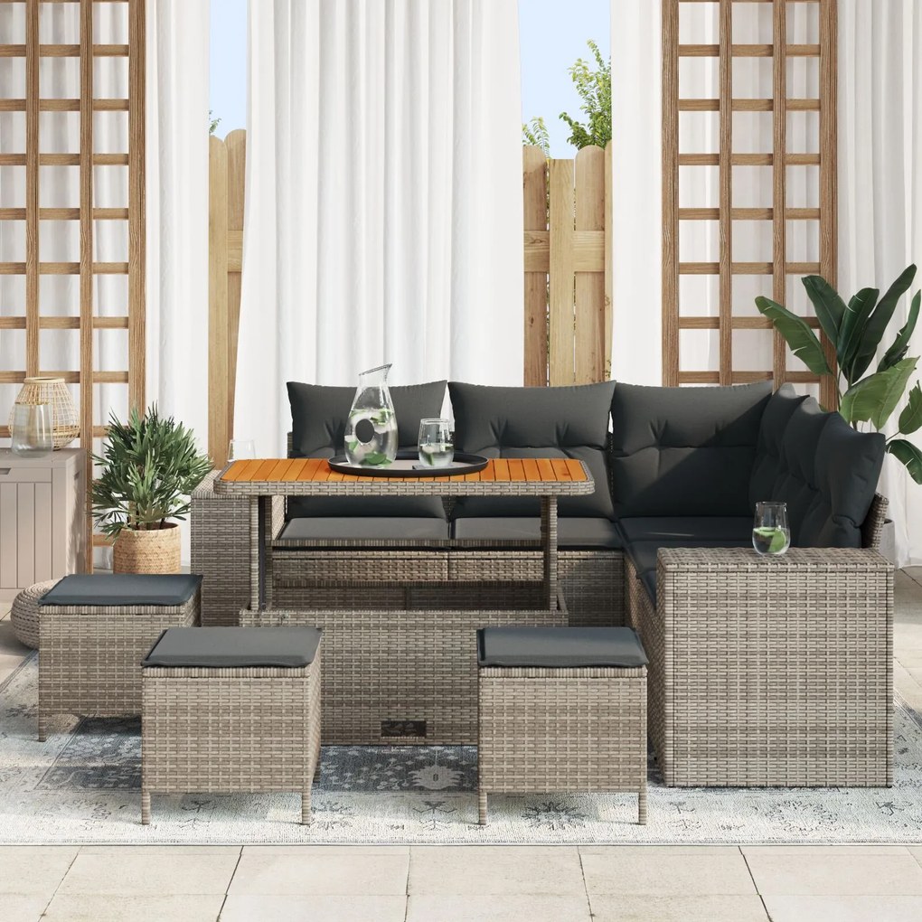 vidaXL Set de canapea pentru grădină cu 8 piese și pernuțe gri din rattan poliesteric, acacia.