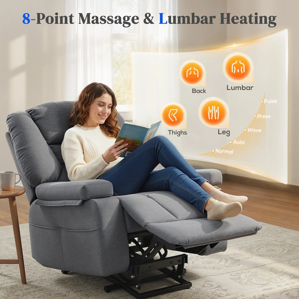 HOMCOM Scaun Rabatabil, Canapea cu Masaj prin Vibrații și Căldură, Scaun de Ridicare cu Telecomandă, 97x90x102 cm, Gri