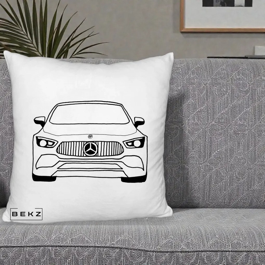 Perna Personalizata Mercedes-Benz Fata Linie, 40x40 cm, Alb Pufos, Husa Detasabila, Perna Inclusa, BEKZ®