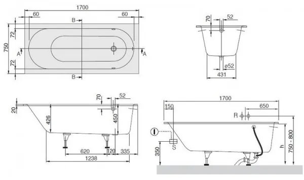 Cada dreptunghiulara, Villeroy&amp;Boch Oberon, compozit Quaryl, 170x75cm, Alb Alpin, UBQ170OBE2V-01