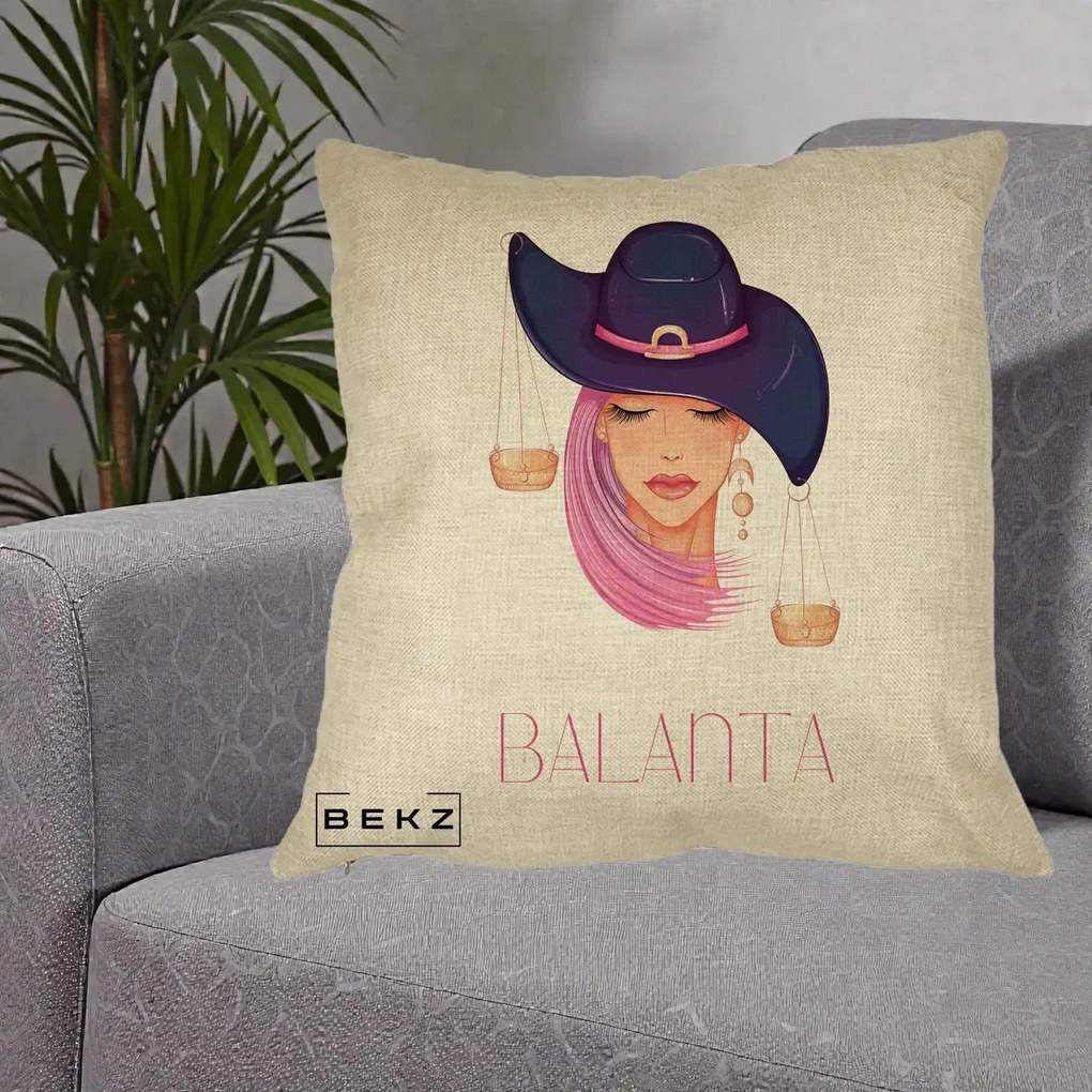 Perna Personalizata Zodiac Balanta Cowgirl, 40x40 cm, Crem, Husa Detasabila, Perna Inclusa, BEKZ®