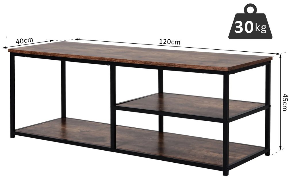 Mobilier TV Modern HOMCOM in Stil Industrial cu 3 Etajere, Lemn și Metal, Maro si Negru, 120x40x45 | Aosom Romania